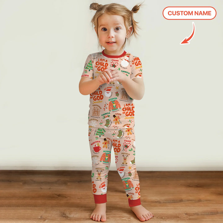 Merry Christmas I Am A Child Of God Custom Name Two Piece Short Sleeve Shorts Pajama Set