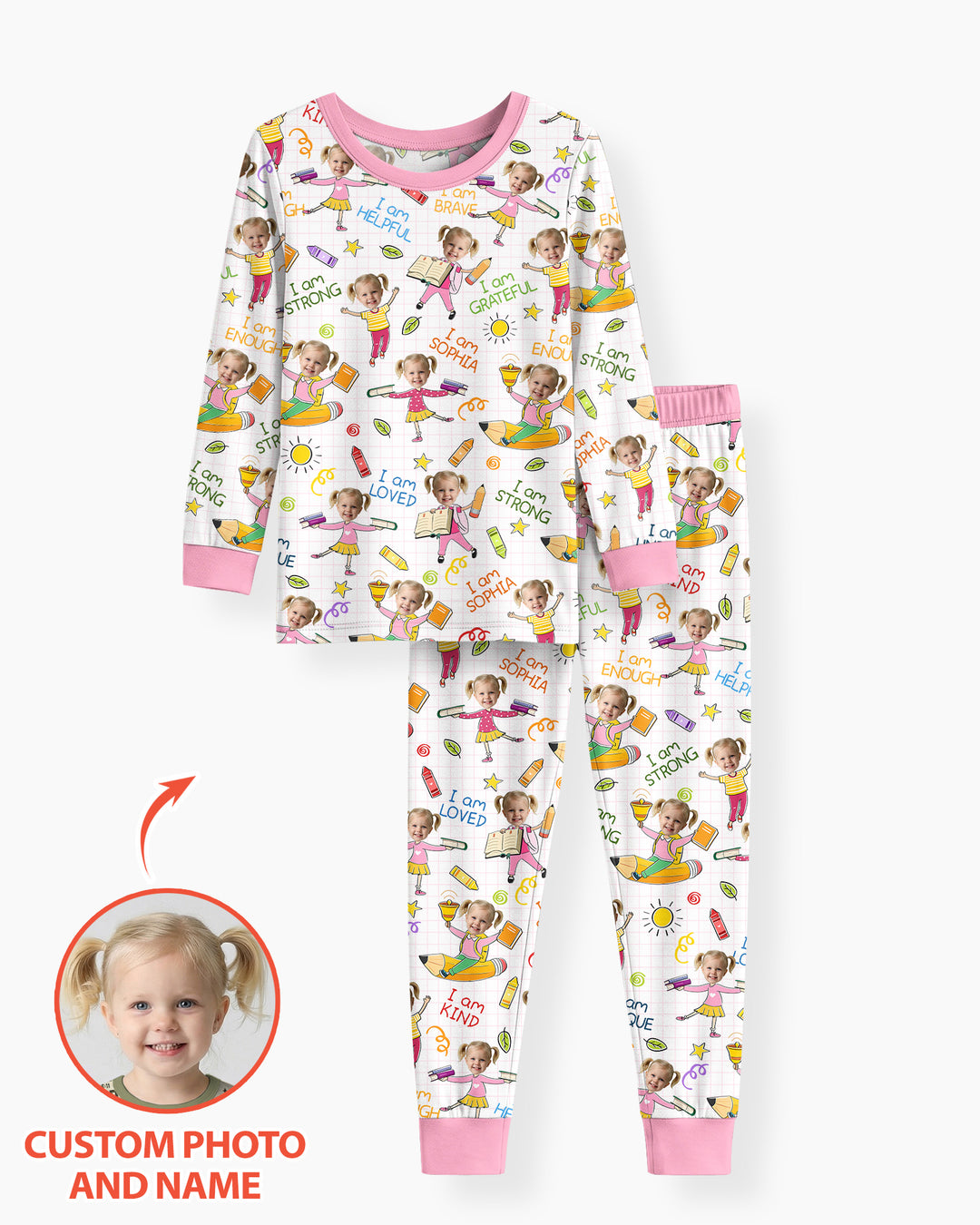 Custom Photo Kid Affirmations I Am Kind Bamboo Two Piece Long Sleeve Pajama Set
