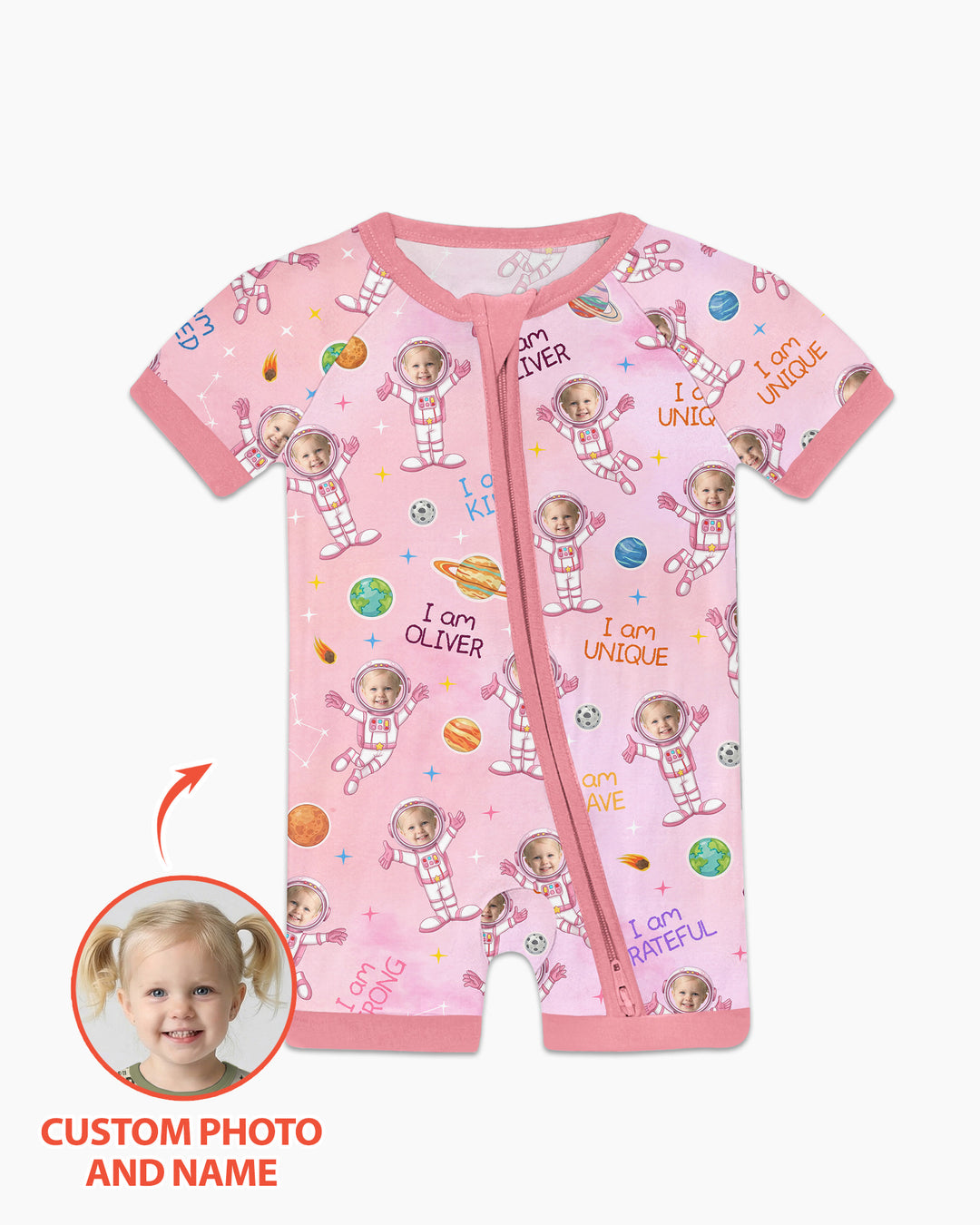 Custom Photo Kid Affirmations I Am Kind Astronaut Bamboo Shorty Zippy