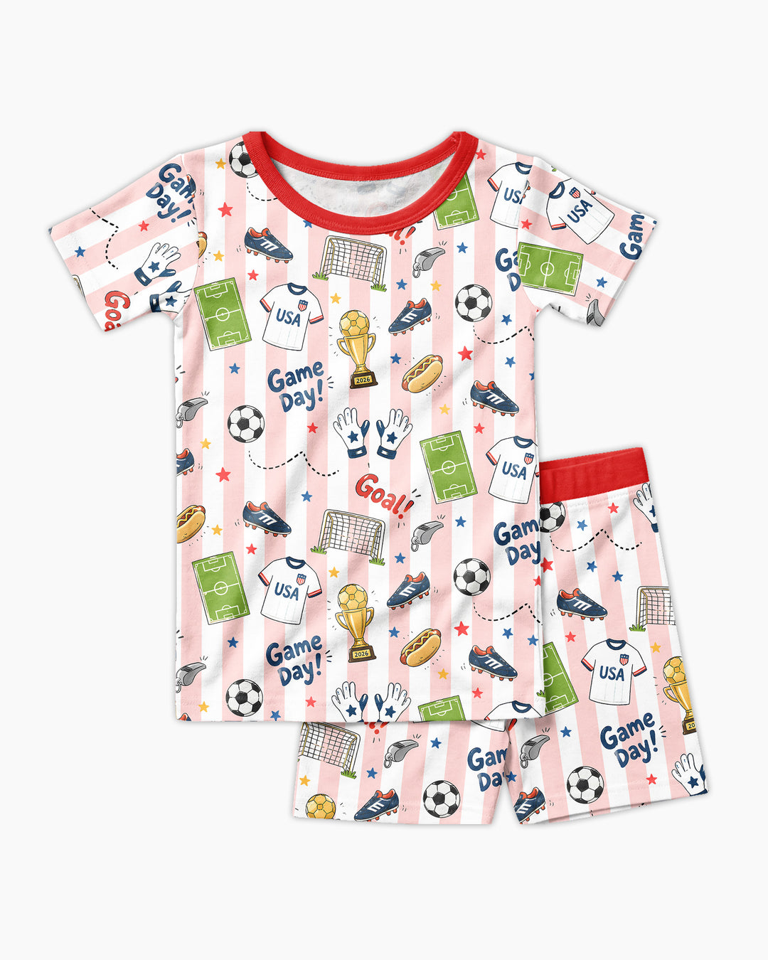 Striped Soccer Game Day Family Matching Bamboo Two Piece Short Sleeve Shorts Pajama Set