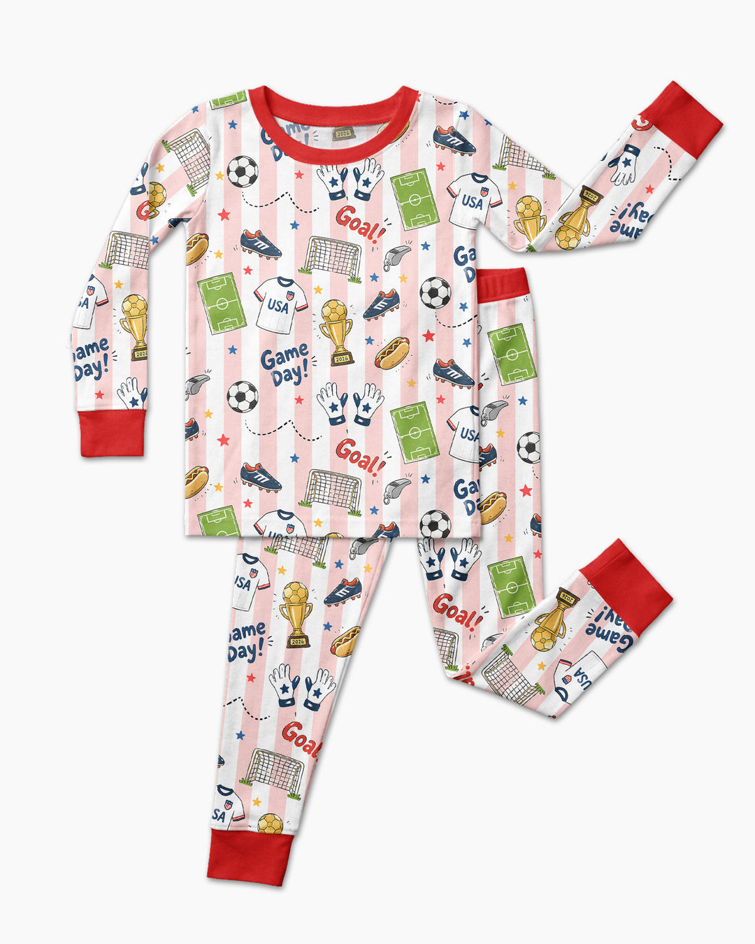 Striped Soccer Game Day Family Matching Bamboo Two Piece Long Sleeve Pajama Set