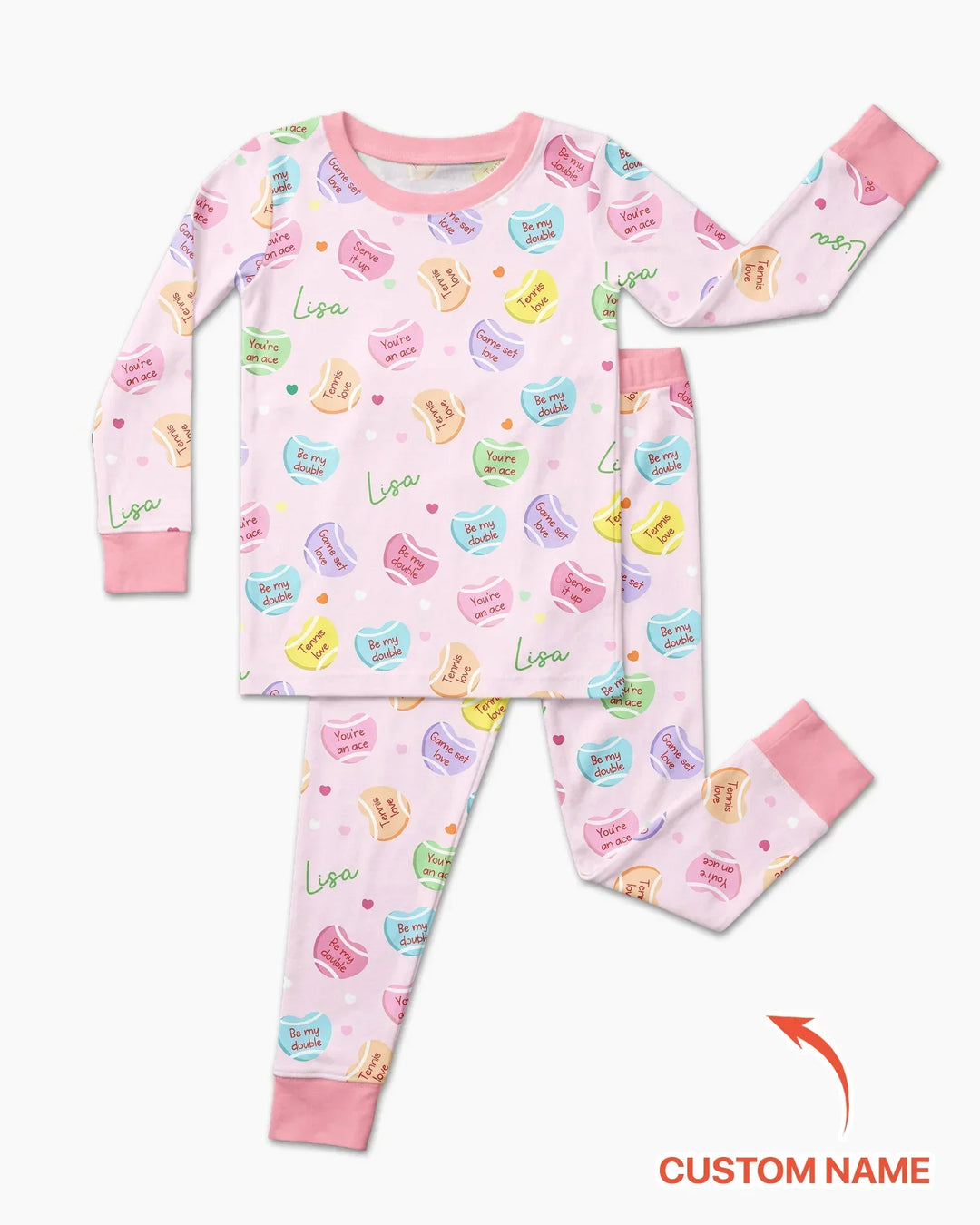Custom Name Tennis Candy Hearts Bamboo Two Piece Long Sleeve Pajama Set