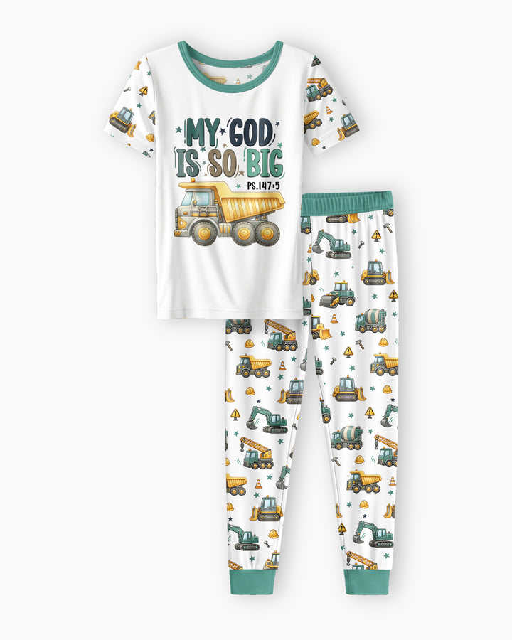 Construction Vehicles My God Is So Big Bamboo Two Piece Short Sleeve Pajama Set