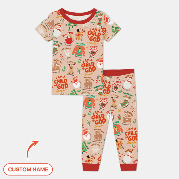 Merry Christmas I Am A Child Of God Custom Name Two Piece Short Sleeve Shorts Pajama Set