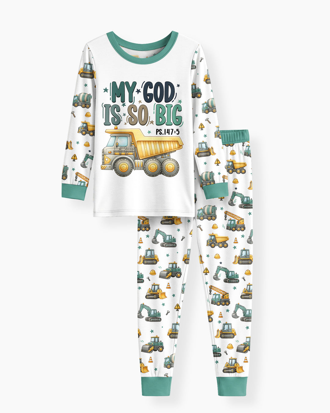 Construction Vehicles My God Is So Big Bamboo Two Piece Long Sleeve Pajama Set
