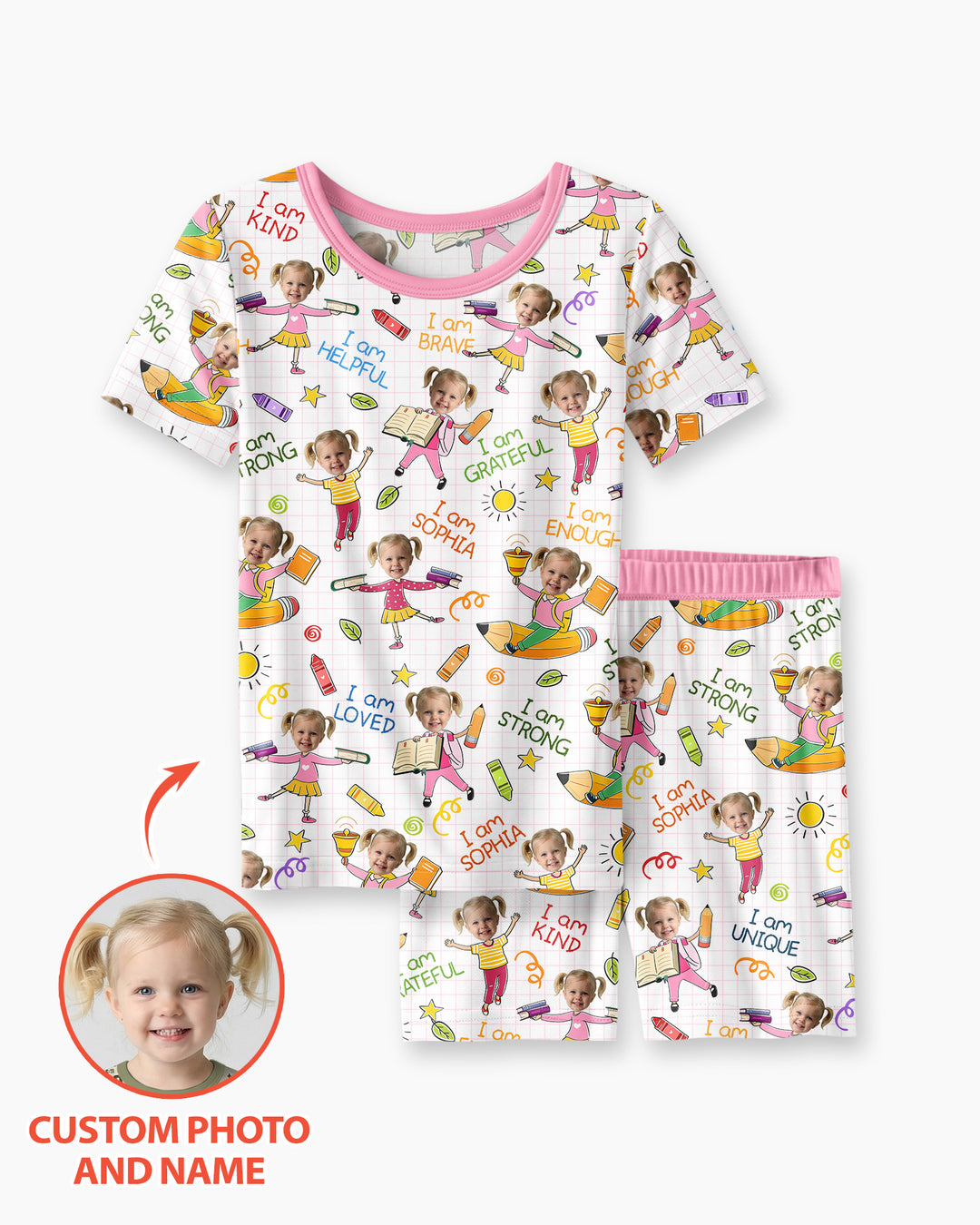 Custom Photo Kid Affirmations I Am Kind Bamboo Two Piece Short Sleeve Shorts Pajama Set