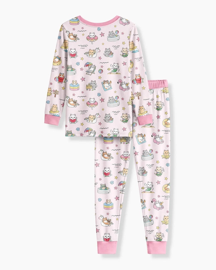 Kawaii Cats Summer Vacation Bamboo Two Piece Long Sleeve Pajama Set