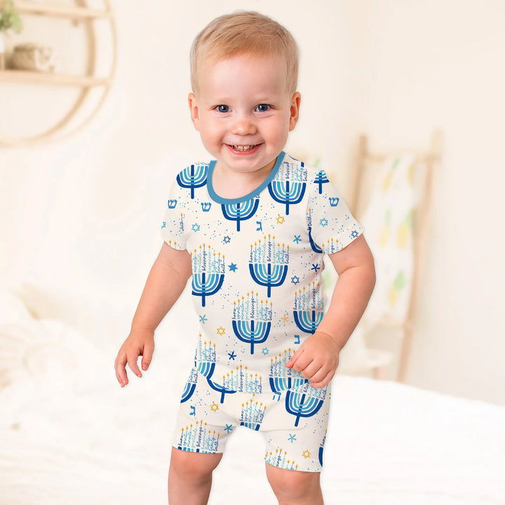 Hannukkah Menorah Family Matching Two Piece Short Sleeve Shorts Pajama Set , Hannukkah Menorah Family Matching Two Piece Short Sleeve Shorts Pajama Set - 12-18M / Girl