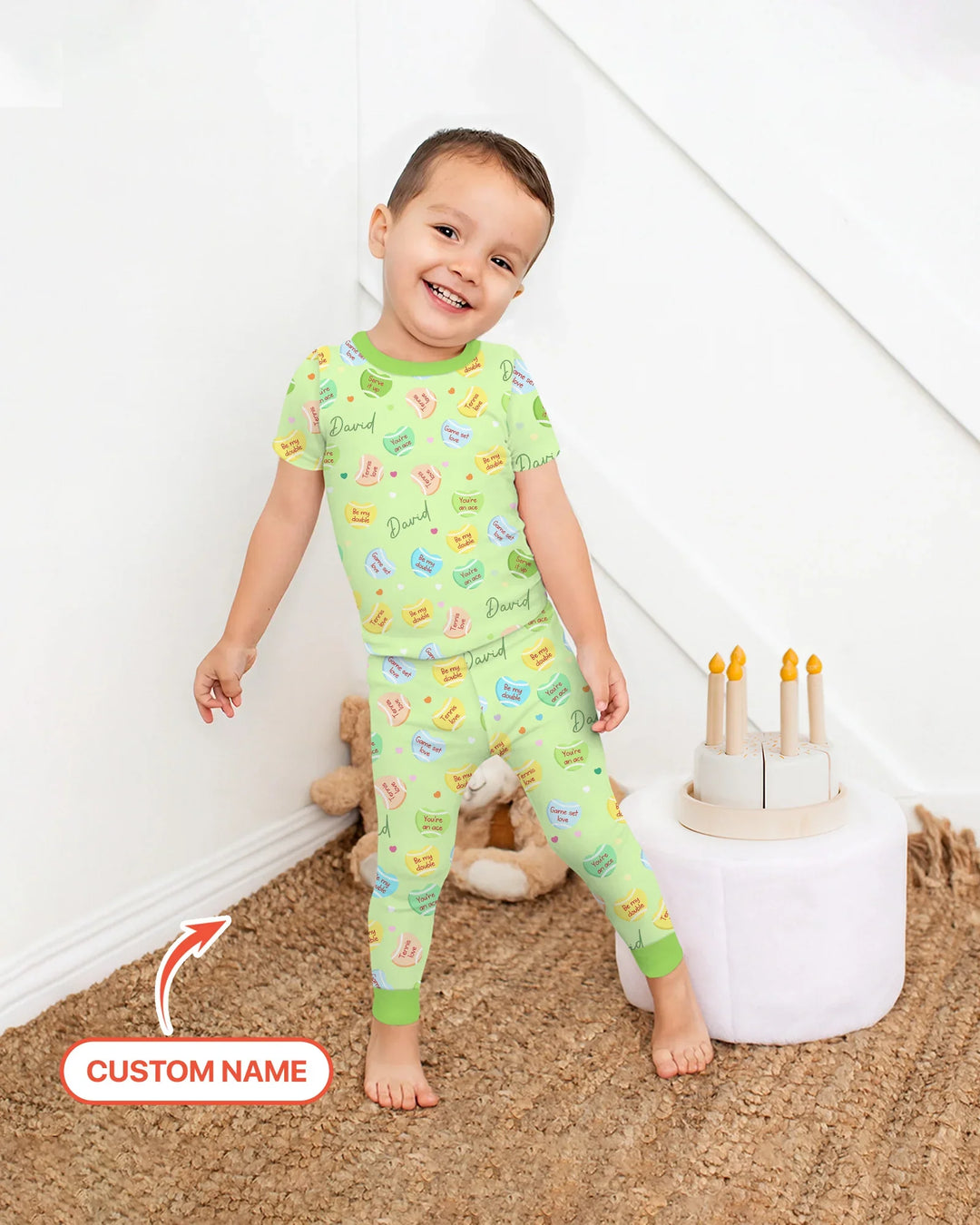 Custom Name Tennis Candy Hearts Bamboo Two Piece Short Sleeve Pajama Set