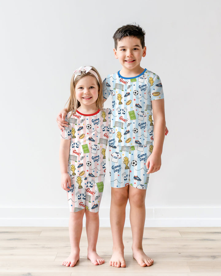 Striped Soccer Game Day Family Matching Bamboo Two Piece Short Sleeve Shorts Pajama Set