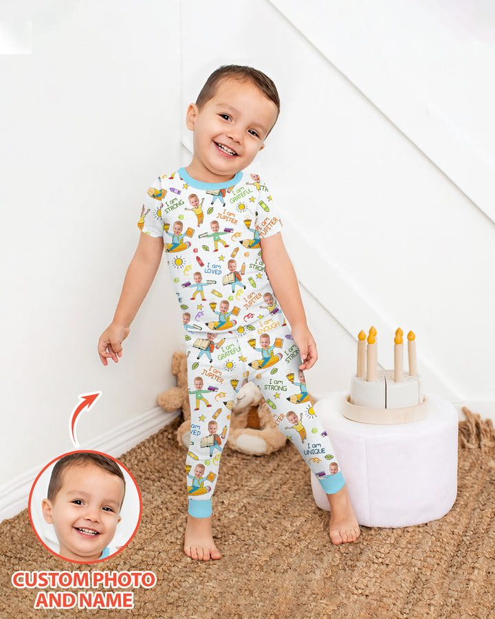 Custom Photo Kid Affirmations I Am Kind Bamboo Two Piece Short Sleeve Pajama Set