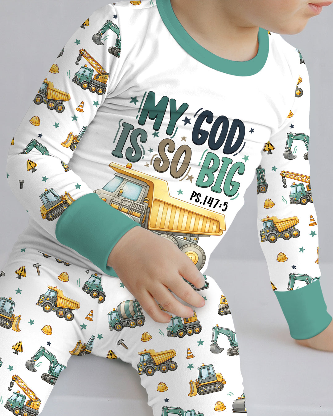 Construction Vehicles My God Is So Big Bamboo Two Piece Long Sleeve Pajama Set