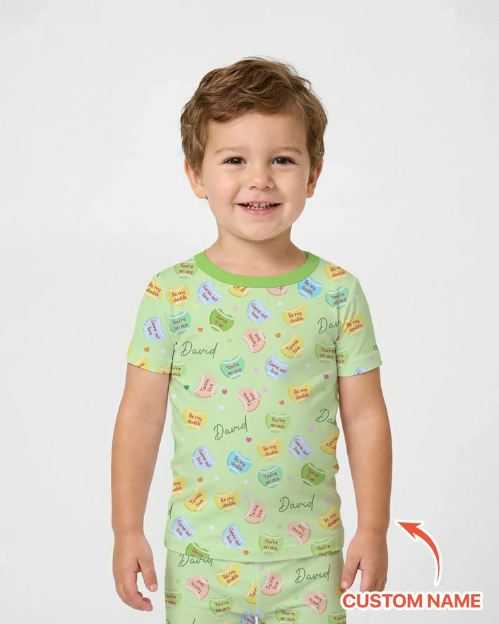 Custom Name Tennis Candy Hearts Bamboo Two Piece Short Sleeve Pajama Set