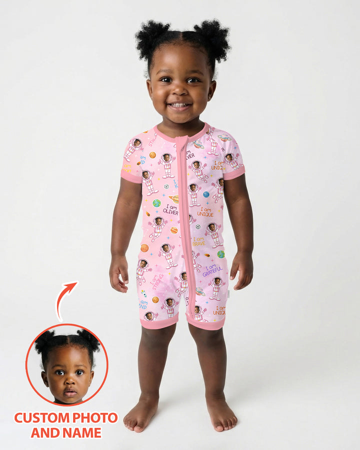 Custom Photo Kid Affirmations I Am Kind Astronaut Bamboo Shorty Zippy