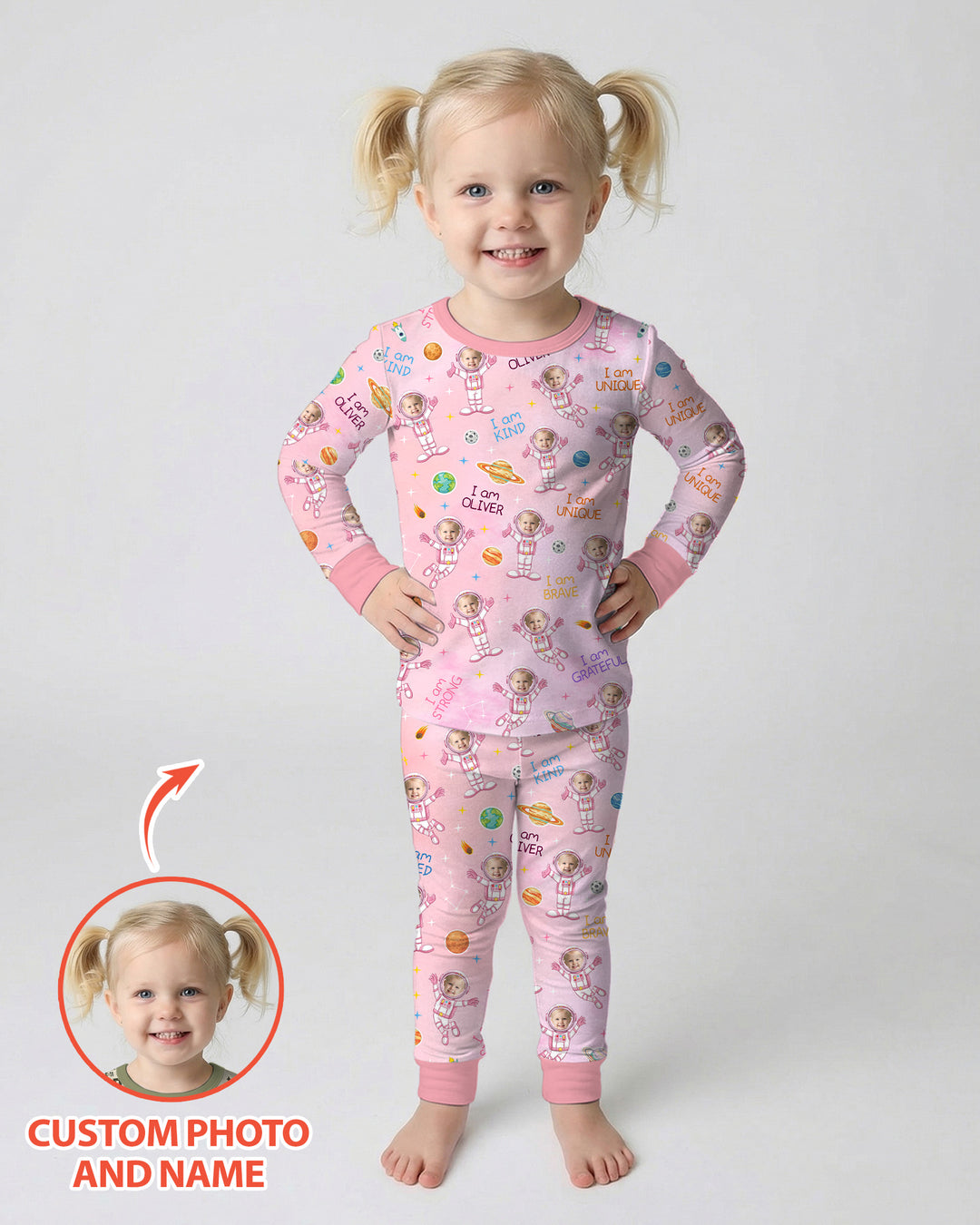 Custom Photo Kid Affirmations I Am Kind Astronaut Bamboo Two Piece Long Sleeve Pajama Set