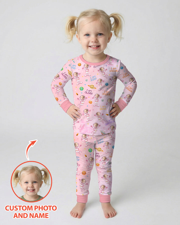 Custom Photo Kid Affirmations I Am Kind Astronaut Bamboo Two Piece Long Sleeve Pajama Set