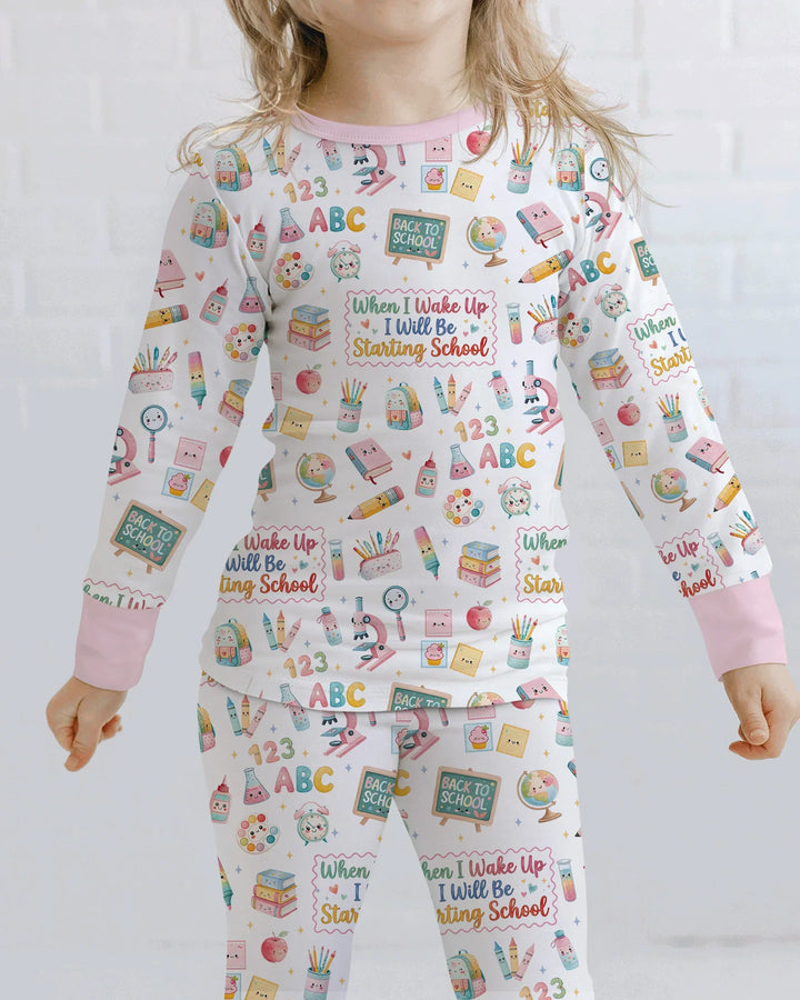 When I Wake Up I Will Be Starting School Bamboo Two Piece Long Sleeve Pajama Set
