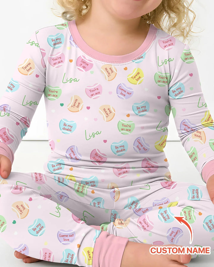 Custom Name Tennis Candy Hearts Bamboo Two Piece Long Sleeve Pajama Set