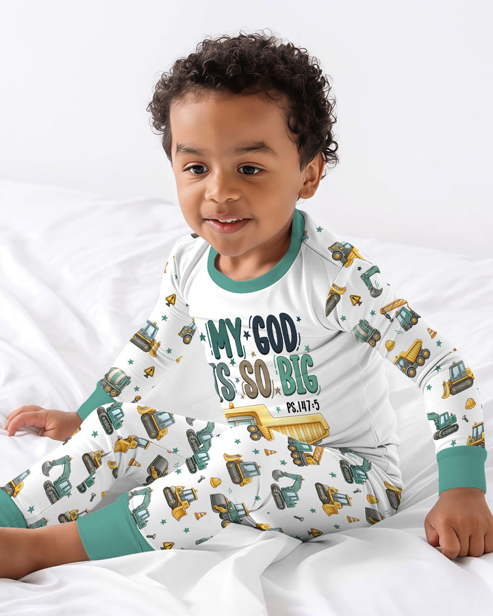 Construction Vehicles My God Is So Big Bamboo Two Piece Long Sleeve Pajama Set
