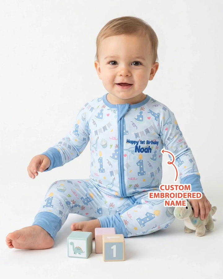Personalized 1st Birthday Boy Embroidered Baby Bamboo Convertible Zippy