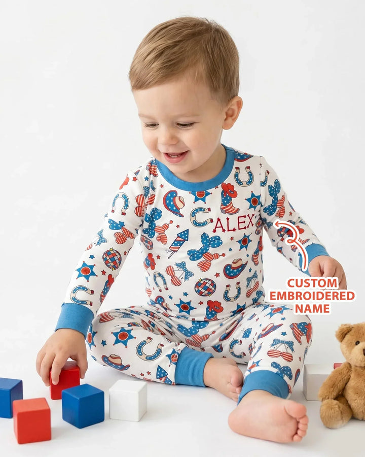 Custom Name Embroidered Howdy 4th Of July Bamboo Two Piece Long Sleeve Pajama Set