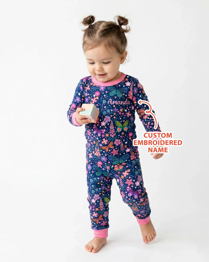 Custom Name Embroidered Colorful Butterfly Bamboo Two Piece Long Sleeve Pajama Set