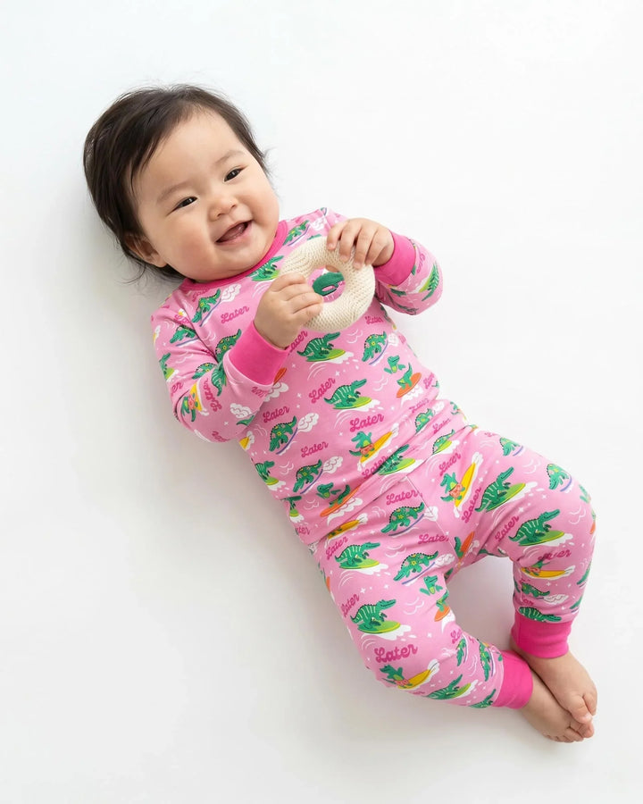 Conjunto de pijama de dos piezas de bambú de manga larga con cocodrilo bordado para verano