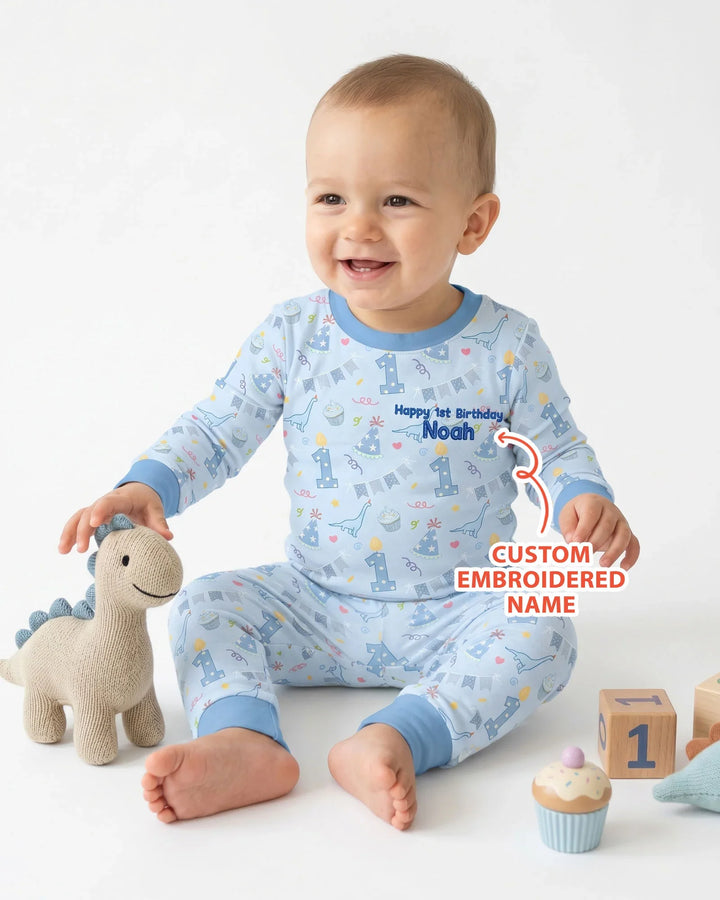 Conjunto de pijama de dos piezas de bambú bordado de manga larga para bebé con personalización de 1er cumpleaños para niño