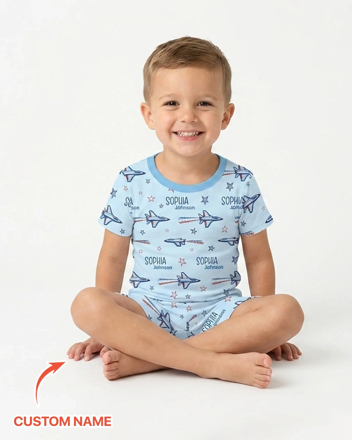 Patriotic American Flag Jet Fighter Bamboo Two Piece Short Sleeve Shorts Pajama Set