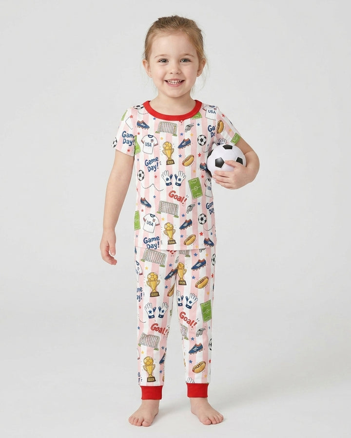 Striped Soccer Game Day Family Matching Bamboo Two Piece Short Sleeve Pajama Set