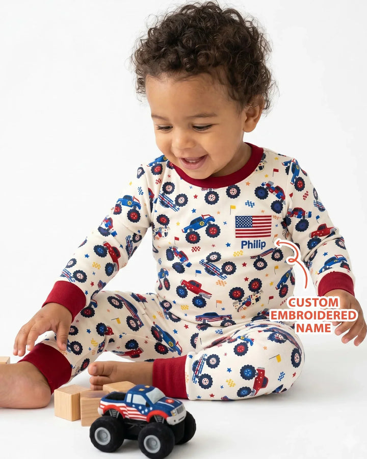Custom Name Embroidered Red White & Truck Bamboo Two Piece Long Sleeve Pajama Set