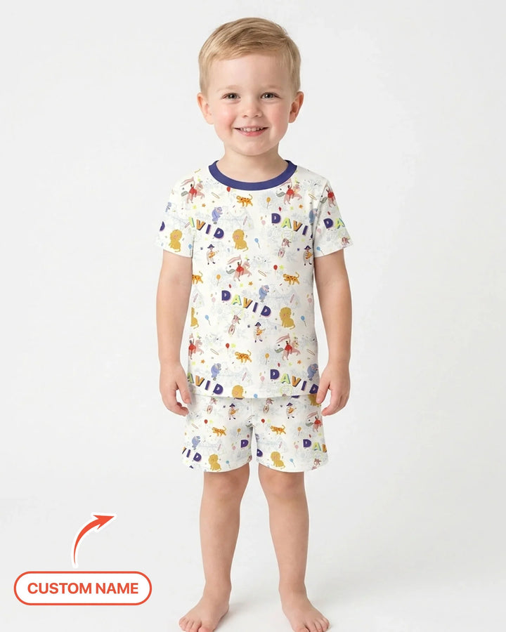 Custom Name Circus Toile Bamboo Two Piece Short Sleeve Shorts Pajama Set