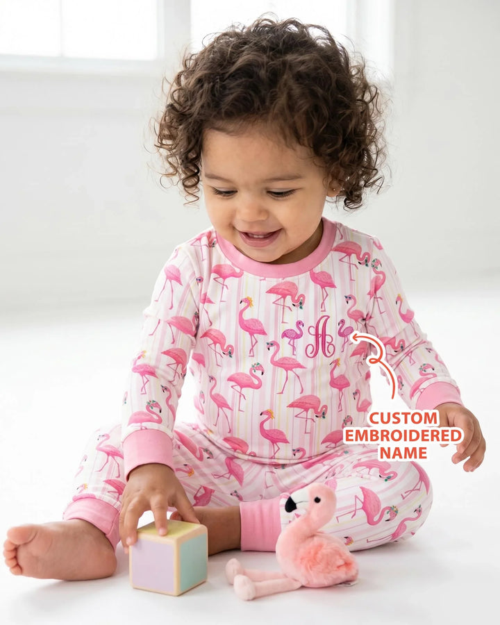 Custom Name Embroidered Flamingo Bamboo Two Piece Long Sleeve Pajama Set