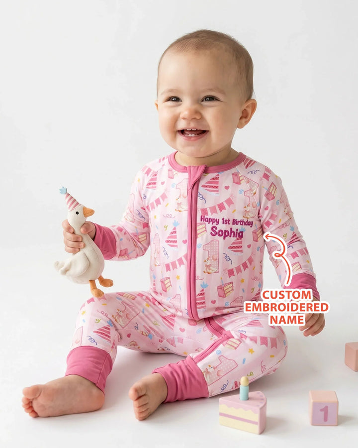 1st Birthday Girl Embroidered Baby Bamboo Convertible Zippy