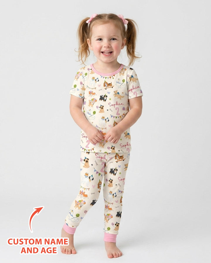 Custom Name Birthday Dogs Party Bamboo Two Piece Short Sleeve Pajama Set