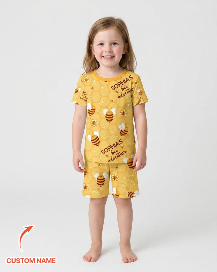 Custom Name Bee Back To School Bamboo Two Piece Short Sleeve Shorts Pajama Set