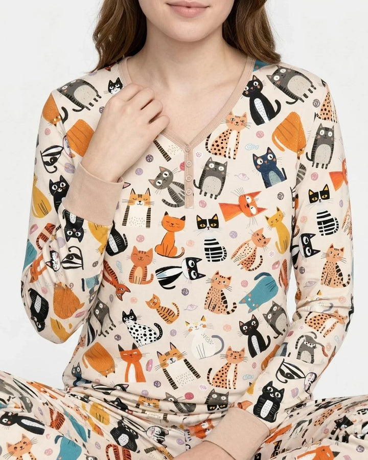 Goofy Mischief Cat Family Matching Bamboo Women Pajama Set