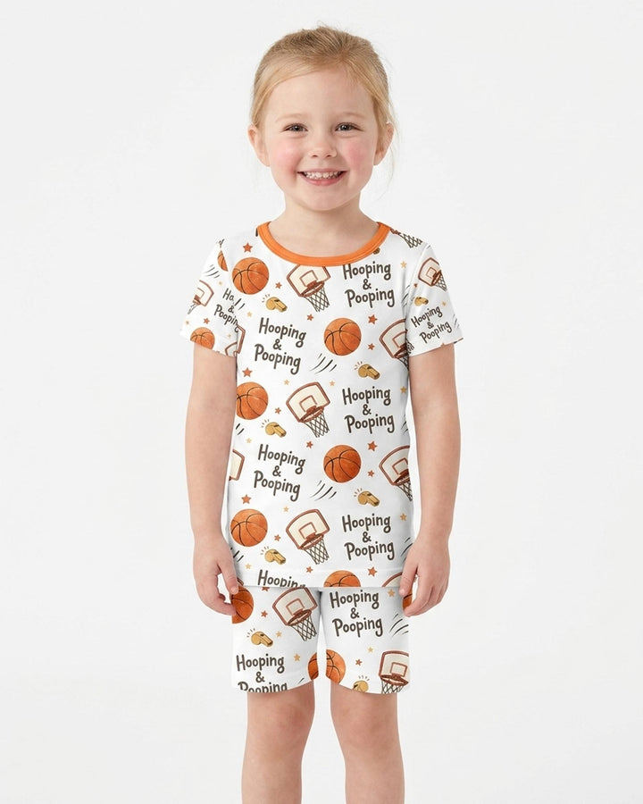 Funny Basketball Hooping & Pooping Bamboo Two Piece Short Sleeve Shorts Pajama Set