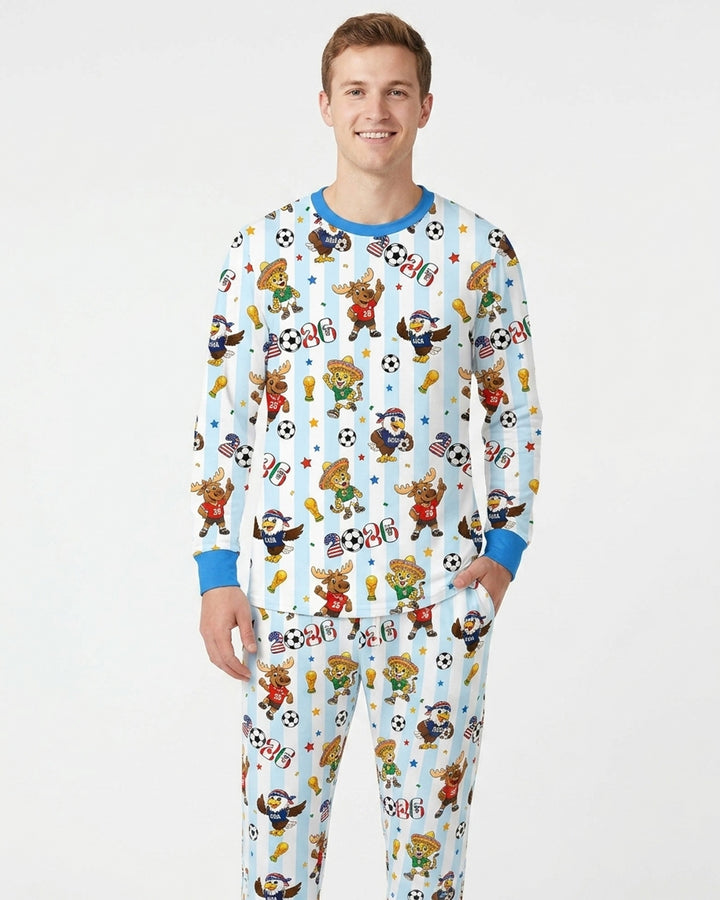 Striped Cute Mascots Soccer Cup 2026 Bamboo Men's Pajama Set