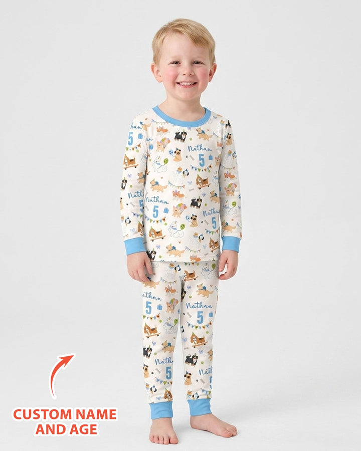 Custom Name Birthday Dogs Party Bamboo Two Piece Long Sleeve Pajama Set