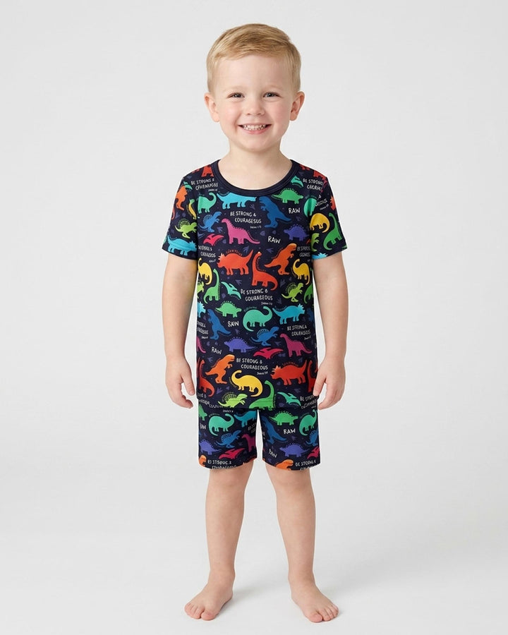 Be Strong and Courageous Dinosaur Christian Bamboo Two Piece Short Sleeve Shorts Pajama Set