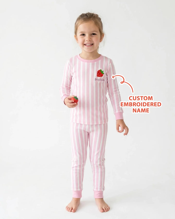 Pijama de dos piezas de bambú rosa con rayas bordado personalizado de manga larga para bebé
