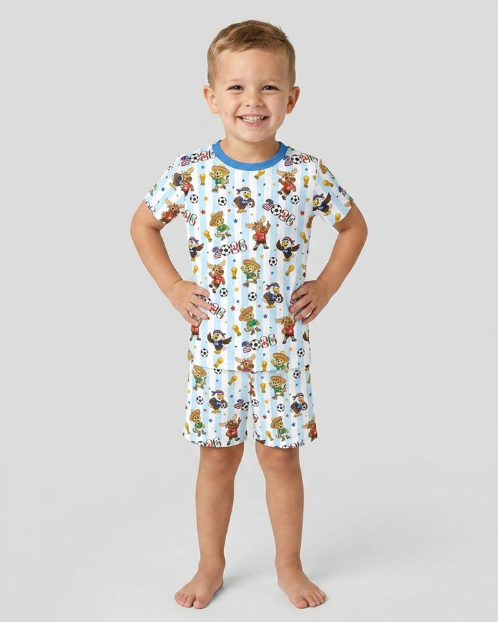 Striped Cute Mascots Soccer Cup 2026 Bamboo Two Piece Short Sleeve Shorts Pajama Set