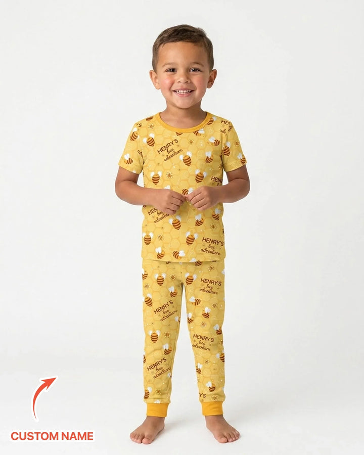Custom Name Bee Back To School Bamboo Two Piece Short Sleeve Pajama Set