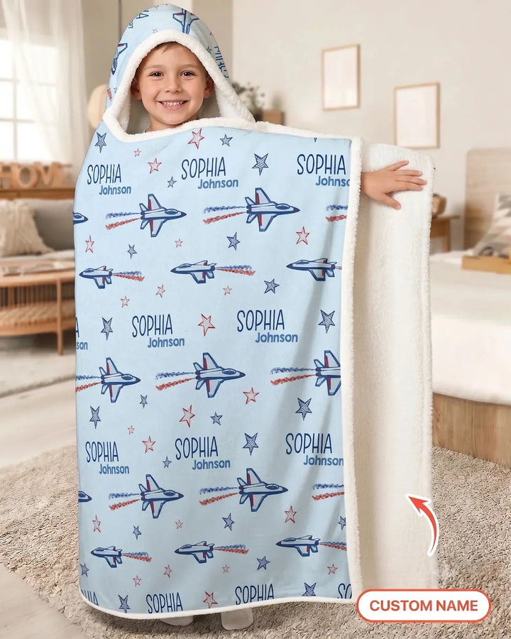 Patriotic American Flag Jet Fighter Bamboo Wearable Hooded Blanket