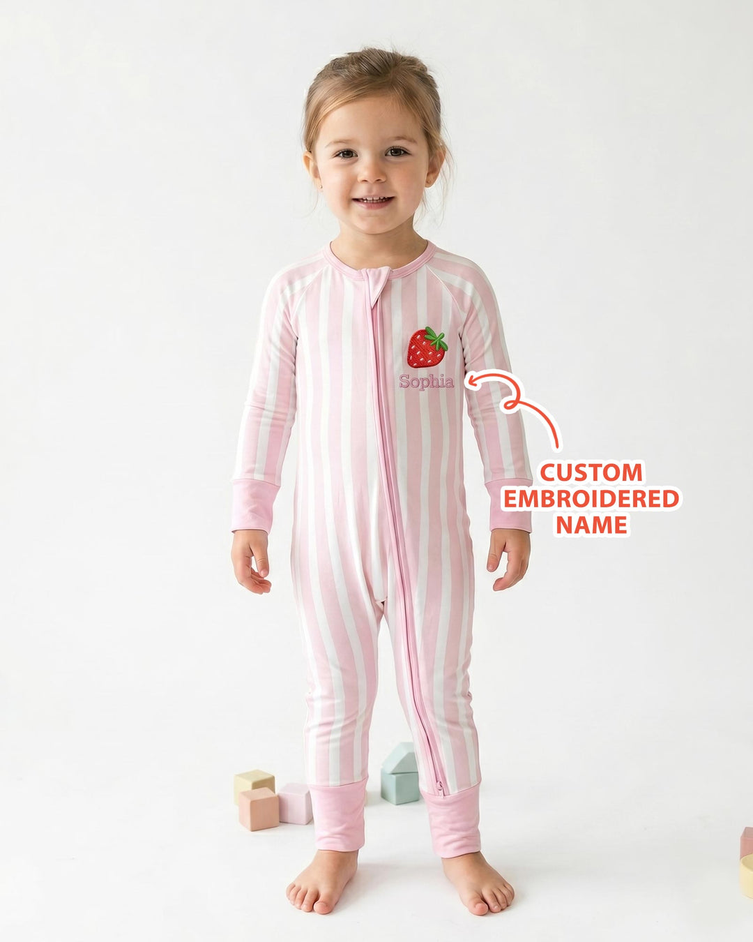 Personalized Embroidered Pink Stripes Baby Bamboo Convertible Zippy