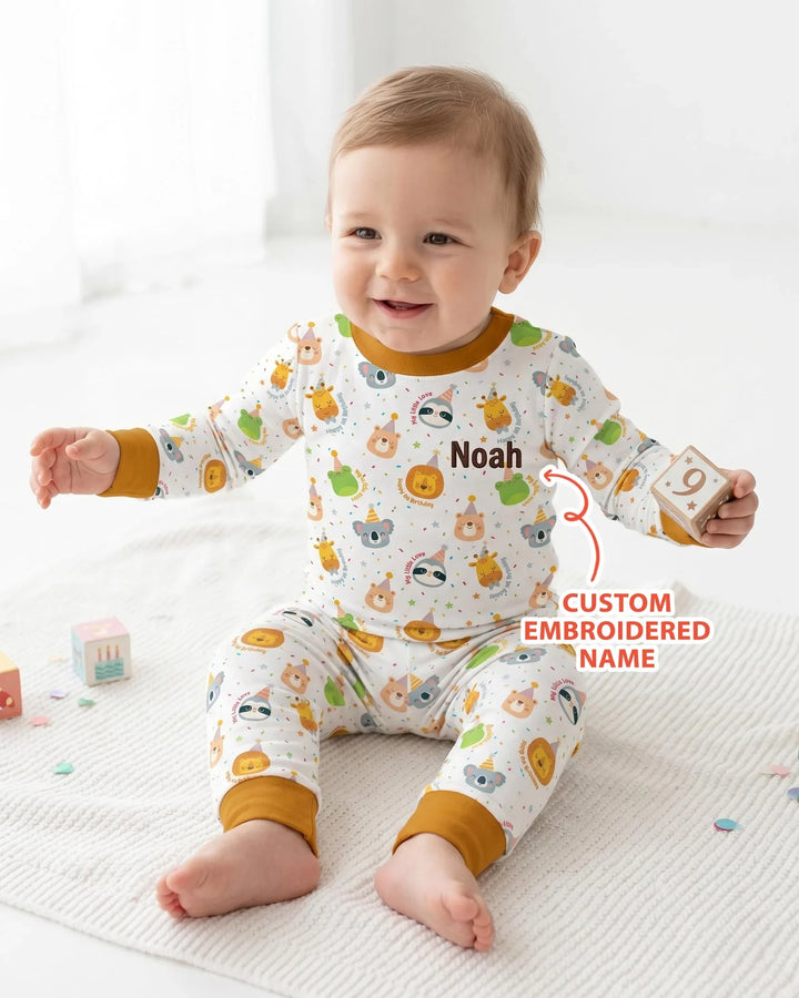 1st Birthday Personalized Embroidered Baby Bamboo Two Piece Long Sleeve Pajama Set