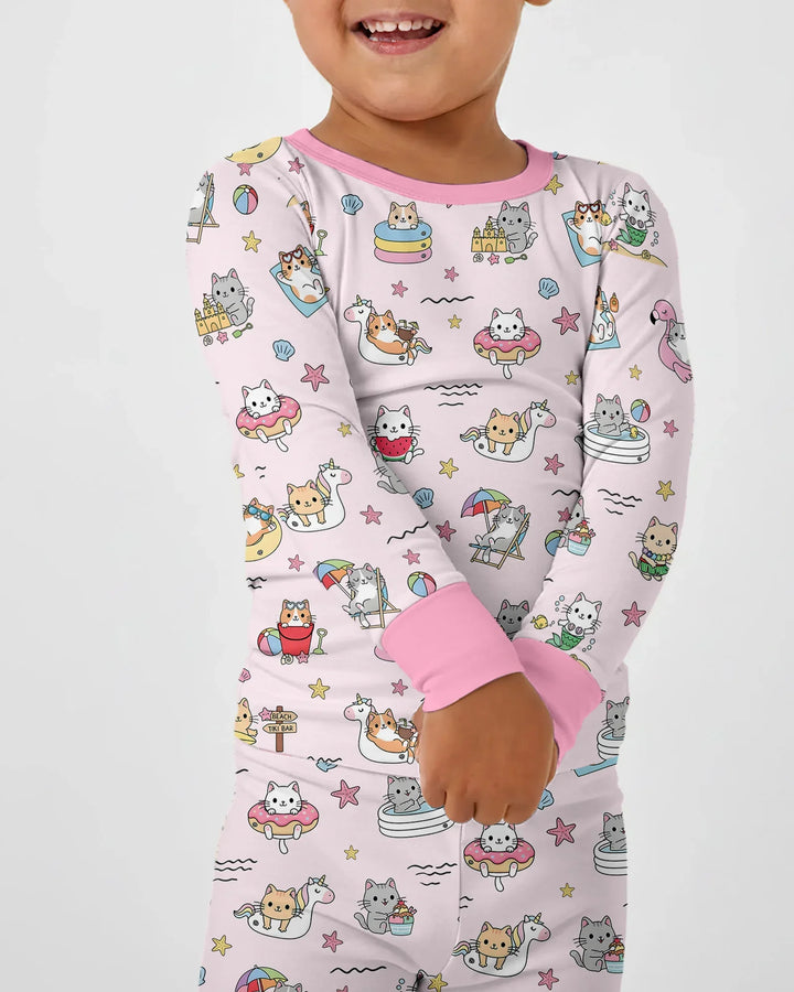 Kawaii Cats Summer Vacation Bamboo Two Piece Long Sleeve Pajama Set