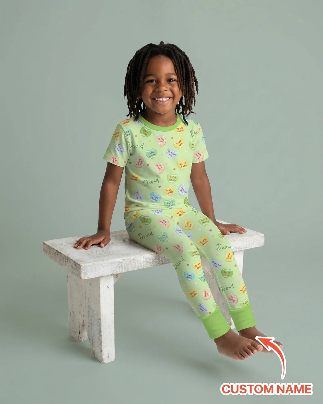 Custom Name Tennis Candy Hearts Bamboo Two Piece Short Sleeve Pajama Set