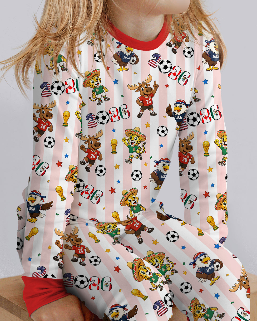 Striped Cute Mascots Soccer Cup 2026 Bamboo Two Piece Long Sleeve Pajama Set